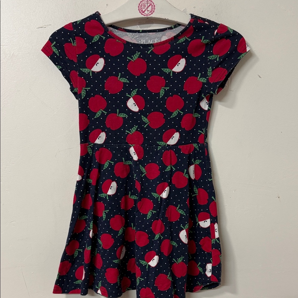Place Navy Blue Dress with Red Apple Print